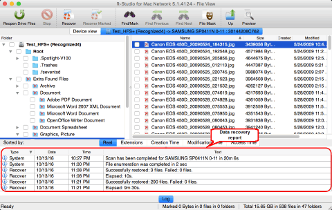 Data recovery results for the erased HFS disk
