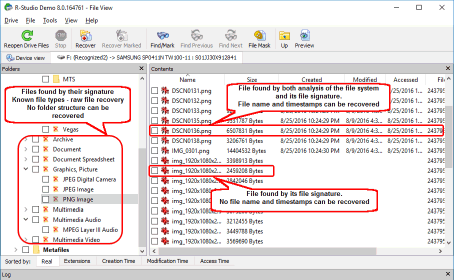 Files found by their signatures (raw file recovery - search Known File Types)