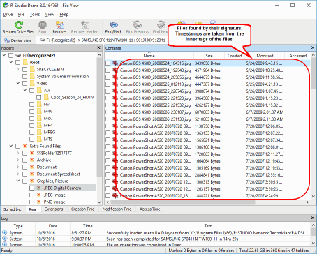 Files found by their file signatures. Timestamps are taken from file inner tags