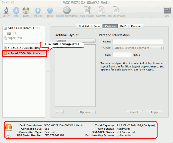 An external disk with a damaged file system in Mac OS X Disk Utility