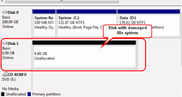 An external disk with a damaged file system in Windows Disk Manager
