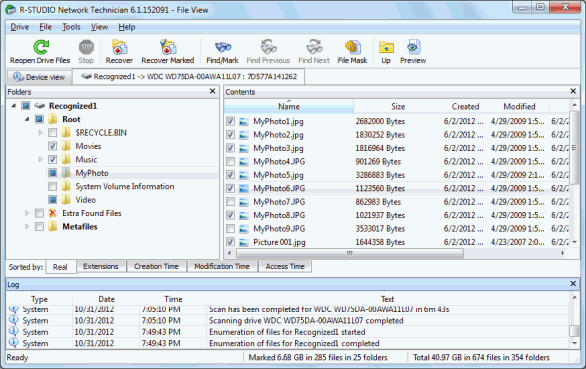 Files and folders marked for recovery