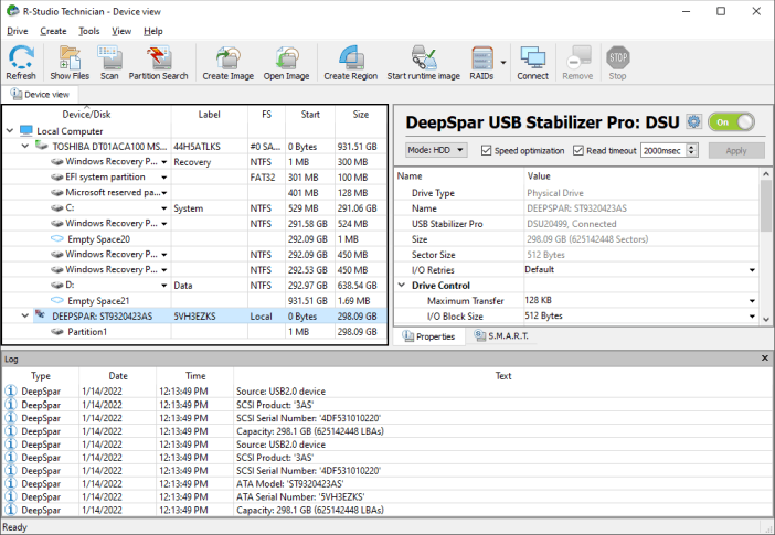 DeepSpar USB Stabilizer and R-Studio Technician